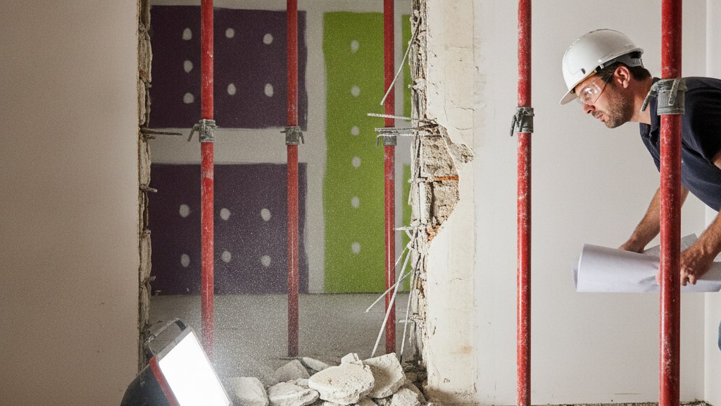 Un ingénieur examine un mur porteur partiellement ouvert étayé par des étais métalliques