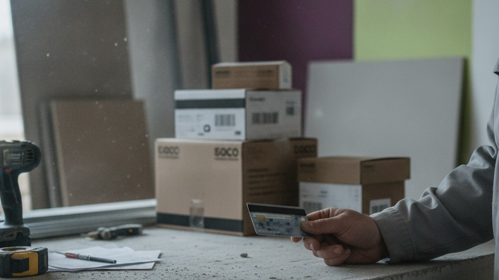 Une main tient une carte bancaire au-dessus d'un plan de travail de cuisine en chantier