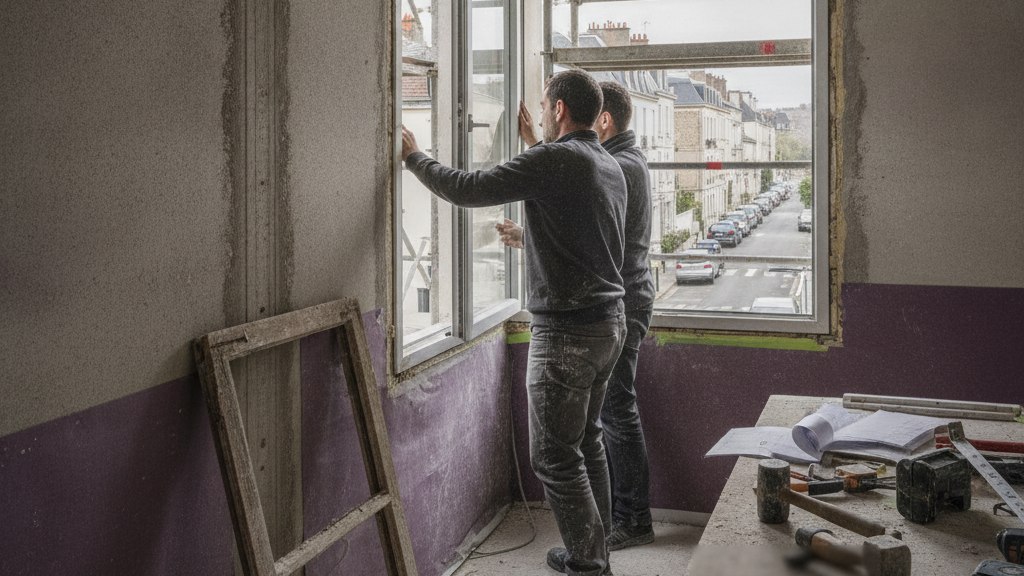 Deux poseurs manipulent un châssis de fenêtre neuf devant une ouverture de façade