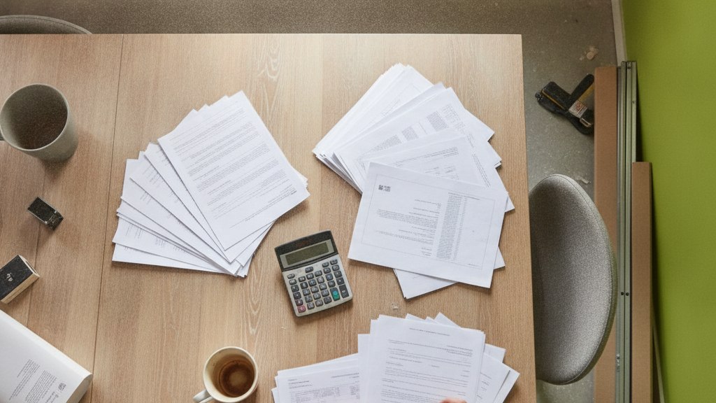 Plusieurs dossiers étalés sur une table de salle à manger avec une calculatrice