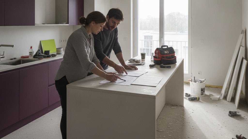 Un couple compare deux devis de travaux sur une table de cuisine avec une artisane