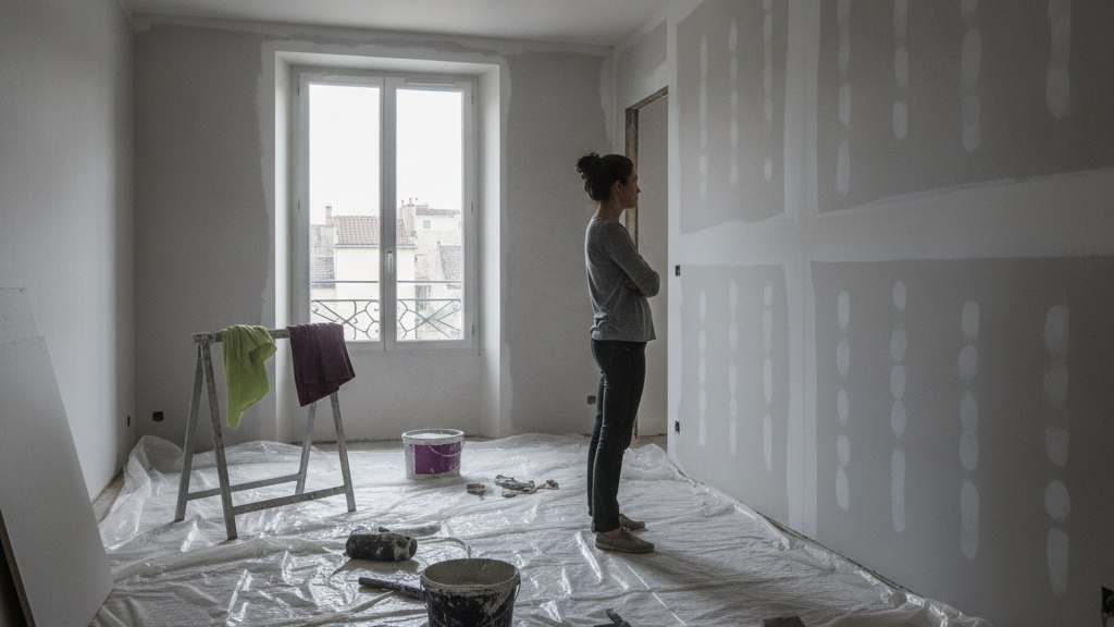 Une propriétaire observe un mur inachevé dans un salon en travaux abandonné