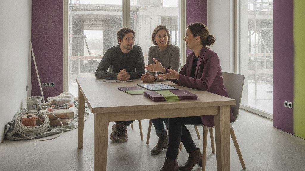 Une conseillère en rénovation explique un dossier d'aide à un couple de propriétaires