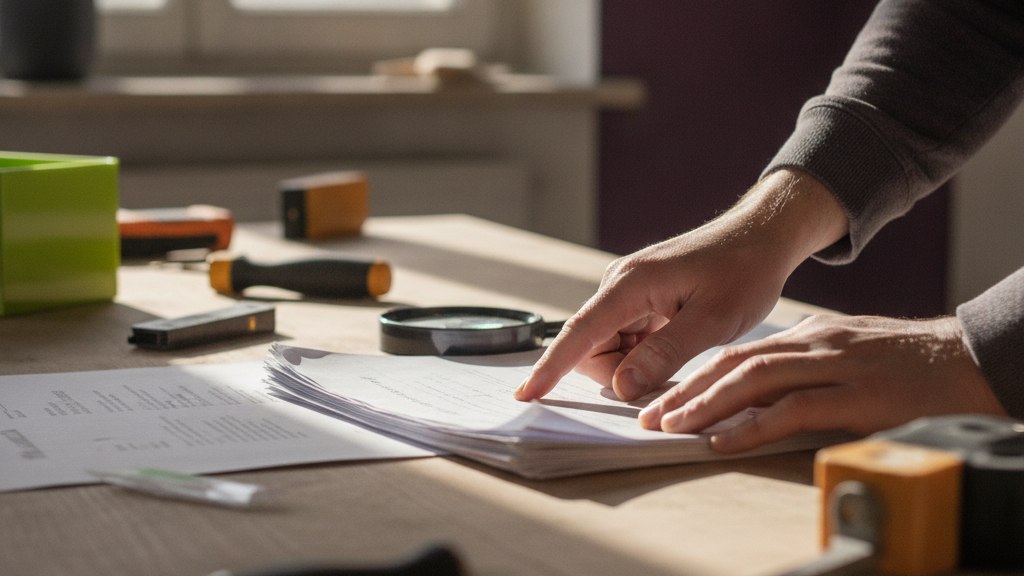 Des mains parcourent du doigt un devis de travaux posé sur un plan de travail en bois
