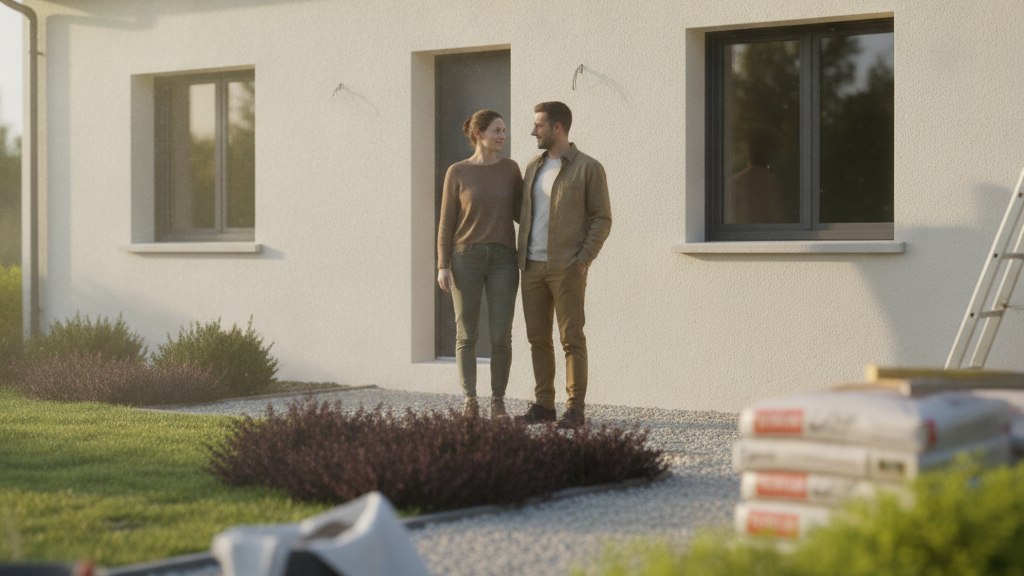Un couple devant sa maison individuelle récemment rénovée et isolée par l'extérieur