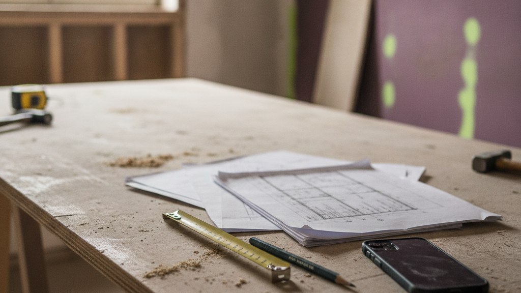 Plusieurs devis, un mètre ruban et un crayon de charpentier disposés sur une table d'atelier