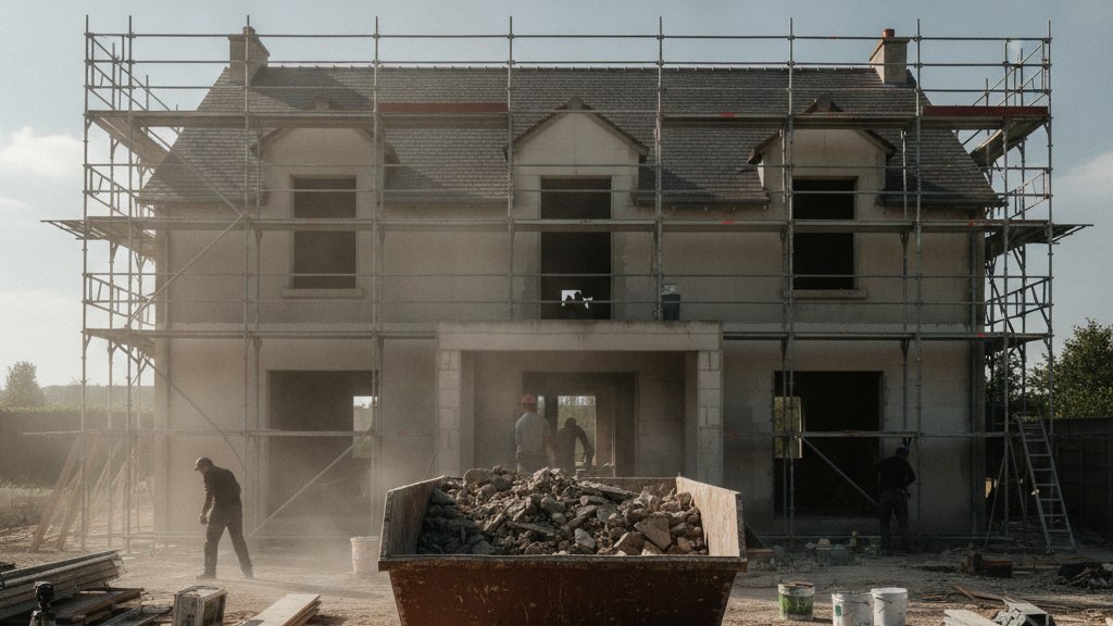 Une maison individuelle en chantier avec échafaudage et benne de gravats