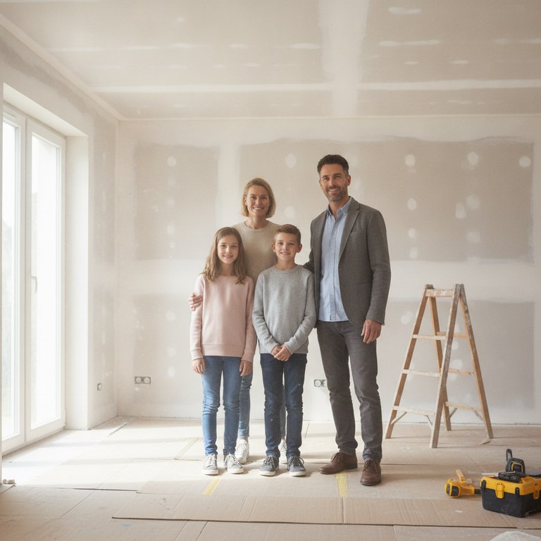 Une famille visite son logement en cours de rénovation